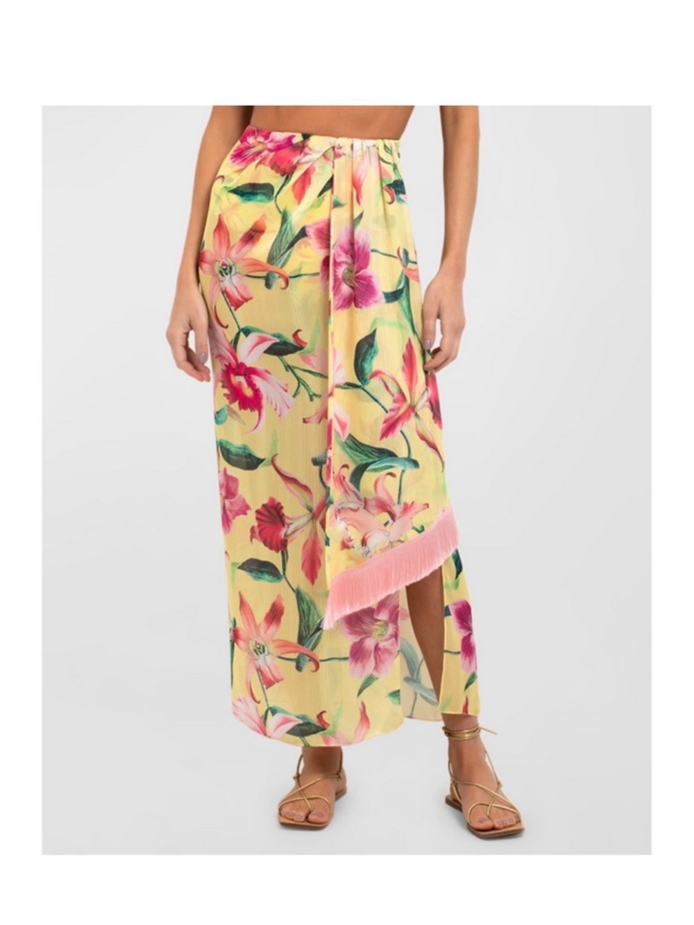 PatBO Yellow Floral Wrap Skirt with Pink and Green Accents